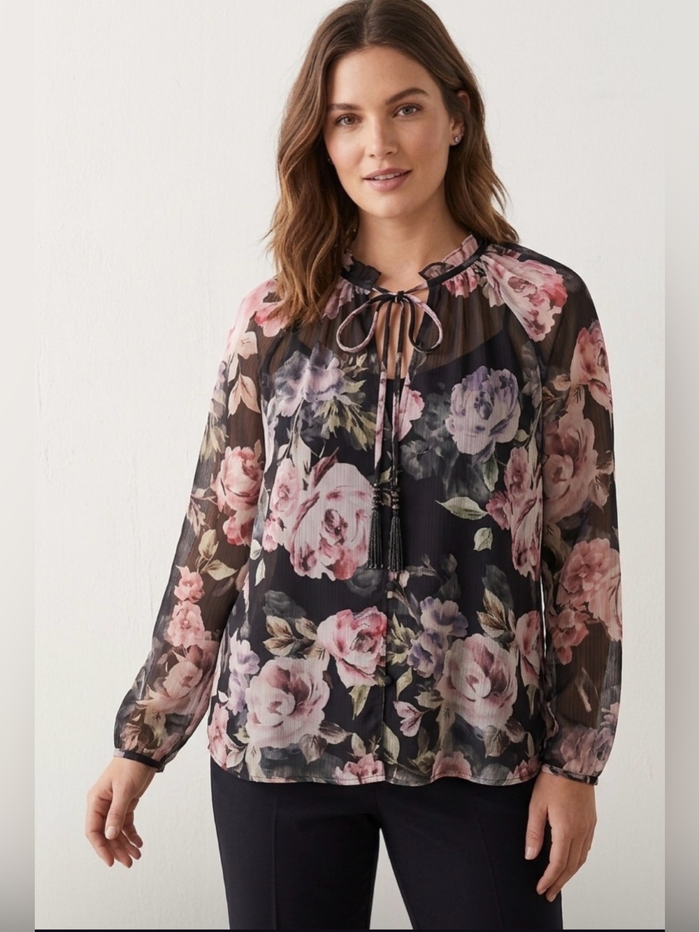Joie Black Sheer Floral Tie-Neck Blouse with Pink Roses Size S